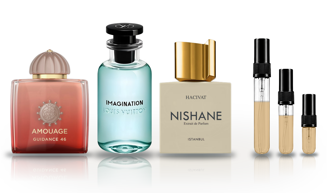Three designer bottles beside 10ml, 7ml and 3ml sample vials